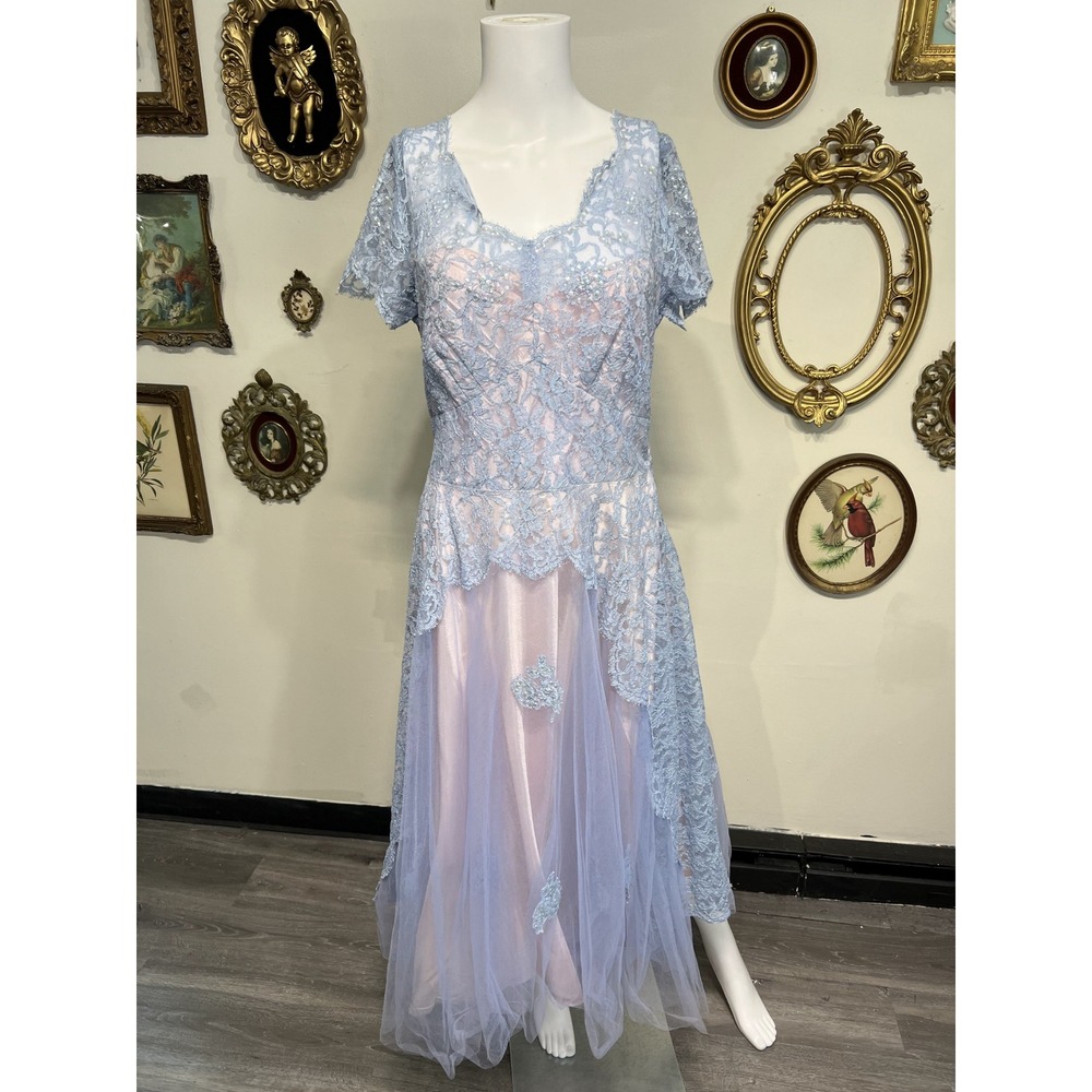 Vintage Antique Pale Blue Lace Pink Tulle Beaded Evening Party Dress Size L